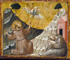 St Francis tar emot Stigmata (tempera och guld på trä)