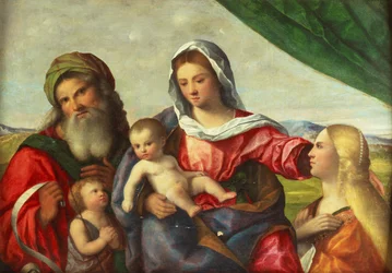 Madonnan och barnet med Johannes Döparen, Katarina och Zacharias i ett landskap (olja på duk)