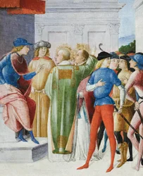 Två helgon bekänner sin kristna tro i en dom, ca 1485-90 (tempera på pannå)