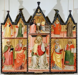 Madonna och barn med heliga polyptyk, tio separata paneler, 1440
