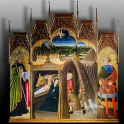 Herdarnas tillbedjan mellan de heliga Galgano och Augustinus, 1400-talets första hälft (tempera på pannå)