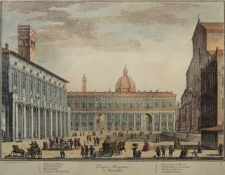 Italien, Bologna, Piazza Maggiore eller Piazza Grande, av Pio Panfili, gravyr