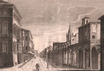Vy över Strada Maggiore i Bologna, Emilia-Romagna, Italien, kopparstick av C Lambertini efter teckning av Pio Panfili (1723-1812), ca 13,5x19 cm
