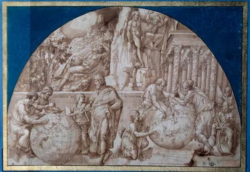 Astronomi allegori. Forskare gör mätningar på jordklot. Teckning med brunt bläck av Pirro Ligorio (cirka 1500-1583) 1500-talets Paris, Louvren