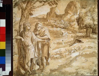"Herde och pilgrim i ett landskap" (Herde och pilgrim i ett landskap) Akvarell och tusch av Pirro Ligorio (1510-1583) Circa 1550 Pushkin-museet, Moskva