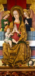 Madonnan med barnet på tronen, ca 1488 (på pannå)