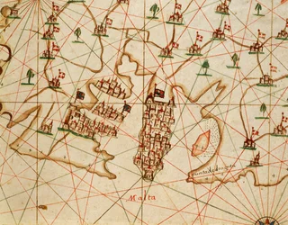 Ön Malta, från portolan atlas bestående av sex sjökort, av Placido Caloiro och Francesco Oliva, Parchment. 1646.