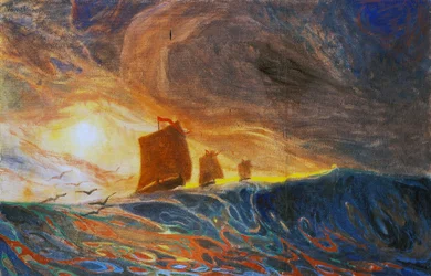 Marina och måsar, av Plinio Nomellini (1866-1943), tempera på duk, 97x149 cm