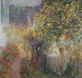 Mor och son i trädgården