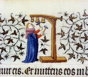 En klockande munk. Flamländsk miniatyr av Pol De Limburg (1400-talet) från manuskriptet "The very rich hours of the duke of berry""