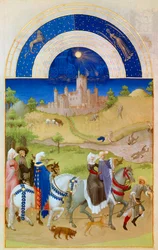 Augusti: Herrar går genom fälten medan bönderna sköter skörden och badar. Längst ner: slottet Etampes. Miniatyr i "The very rich hours of the Duke of Berry" av Pol De Limburg (1400-talet). Chantilly, Musee Conde