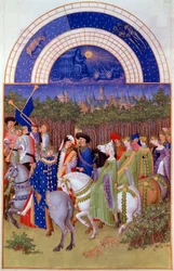 Cortege av adelsmän och musiker till häst, utsikt över Ducal Palace of Riom (?) och maj månad. Flamländsk miniatyr av Pol De Limburg (1400-talet) från manuskriptet "The very rich hours of the Duke of Berry""