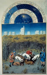 December: jaktscen. I bakgrundsvyn av Vincennes flamländska miniatyr av Pol De Limburg (1400-talet) från manuskriptet "The very rich hours of the Duke of Berry""