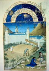 Juli: "" Le chateau de Poitiers, skörde- och klippscen""" flamländsk miniatyr av Pol De Limburg (1400-talet) från manuskriptet "" The very rich hours of the Duke of Berry"""