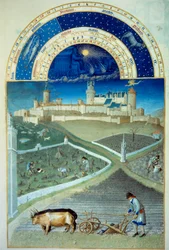 Mars månad: plöjningen I förgrunden, jordbruksarbete, bönder som plöjer en åker, vinstockarnas storlek, längst ner slottet Lusignan - Miniatyr i "" Les tres riches heures du Duke de Berry"" av Pol De Limburg (1400-talet) - C