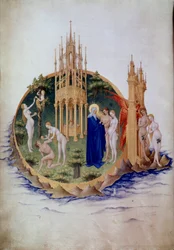 Arvsynden, Adam och Eva fördrivna från paradiset. Miniatyr i ”Hertigen av Berrys mycket rika tidebok” (1400-talet). Chantilly, Musée Condé