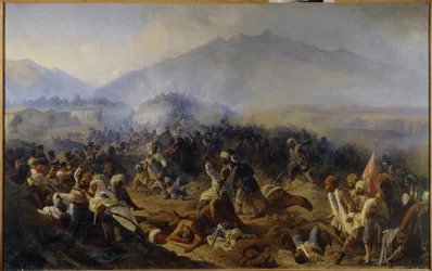 Belägringen av Akhty 1848. Stridsscen i bergen i norra Kaukasus, mellan den ryska armén och trupperna från Imam Shamil (Shamil) (1797-1871), som ledde sina krigare i en önskan om självständighet och av religiösa skäl ( Jihad). Målad