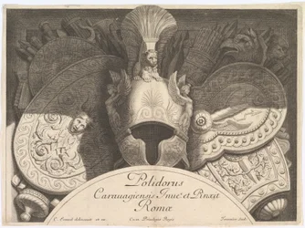 Divers Trophées Vapentroféer efter fasaden på Palazzo Milesi i Rom, 1651. Skapare: Polidoro da Caravaggio, Rene Lochon.