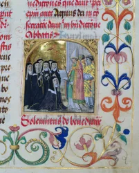 Bishop Blessing the Nuns från den påvliga biskop Erasmus Ciolek, ca 1510 (tempera & guld på pergament)
