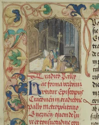 Biskop från Krakow överlämnar Pallium till ärkebiskopen av Gniezno från påvliga biskop Erasmus Ciolek ca 1510 (tempera & guld på pergament)