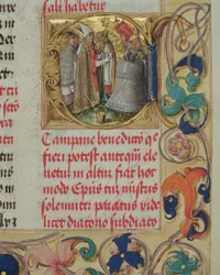 Blessing of a Bell av en biskop från biskop Erasmus Cioleks påvliga kyrka, ca 1510 (tempera & guld på pergament)