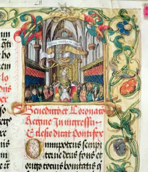 Kröningen av Polens drottning ur biskop Erasmus Ciołeks pontifikale, ca 1510