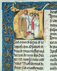 Prästvigning av seminarister, ur biskop Erasmus Ciołeks pontifikale, ca 1510