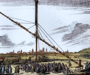 Det stora astronomiska teleskopet av Johannes Hevelius (1611-1687) illustration från Machina Coelestis av Hevelius, Gdansk, publicerad 1670 (senare färgläggning)