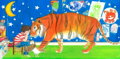Albert Tiger and Owl, 2019 (akvarell  gouache på papper)