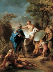 Venus presenterar Aeneas med rustning smidd av Vulcan