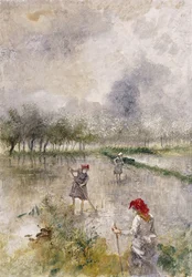 Woman in the Rice Fields (monotypi tryckt i färger, förhöjd med krita)