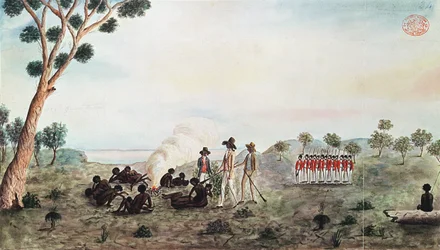 Mr White, Harris och Laing med ett sällskap av soldater som besökte Botany Bay Colebee på den plats när han skadades nära Botany Bay, ca 1790