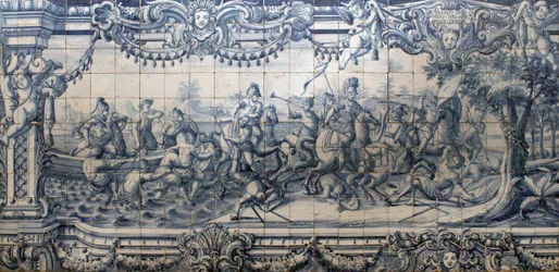 Alexander den store (356-323 f.Kr.) i strid mot perserna - azulejopanel från Lissabon, ca 1745 - Nationella azulejomuseet, Lissabon (Portugal)