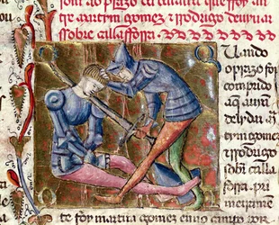 Strid mellan Martin Gomez och El Cid (ca 1043-99) från Chronicles of Spain, 1344