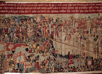 Erövring av Afrika: "" Infångandet av Asilah (Arzila) i Marocko 1471 av den portugisiska flottan""" Fragment av en gobeläng av 1500-talets portugisiska skola. Lissabon, Nationalmuseet för antik konst