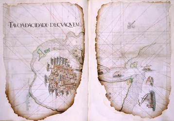 Cotton Tiberius D. IX, ff.36v-37 Cuaquem och Persiska viken, illustration från "Resplan för en resa från Indien till Suez", av Estevao de Gama