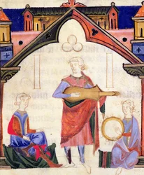 Fol.12v Musiker som spelar gitarr och tamburin, från Chansonnier des Nobles