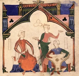 Fol.4r Musiker som spelar kastanjetter och ett psalter, från Chansonnier des Nobles
