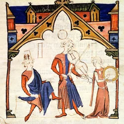 Fol.6r Musicians Playing a Viola and a Tambourine, från Chansonnier des Nobles