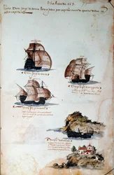 Manuskriptsida "" Minnen från Portugals armadas under kung Manuel I (1469-1521)" som representerar årets portugisiska flottor 1497. 1500 Lissabon, Nationalmuseet för antik konst