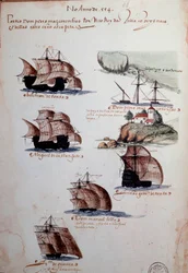 Manuskriptsida ”Minnen av Portugals armador under kung Manuel I (1469-1521)”, som föreställer de portugisiska flottorna år 1497. 1500. Lissabon, Nationalmuseet för äldre konst.