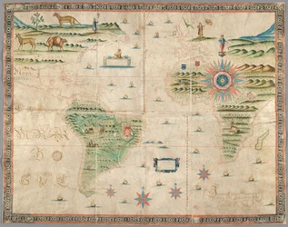Karta över Västeuropa, Afrika och Amerika, med teckningar av berg, djur etc. Joseph da Costa e Miranda