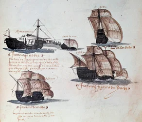 Minnesbok över Portugals armador under kung Manuel I (1469-1521): framställning av den portugisiska flottans karaveller. Miniatyr ur ett manuskript från 1497. Lissabon, Nationella museet för äldre konst