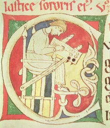 Ms 22 fol.139r Historikert initial C föreställande en munk som skriver, från Vitae Sanctorum, Santa Cruz de Coimbra