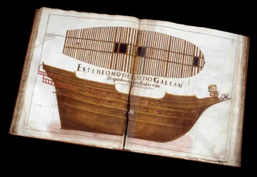 Sjöarkitektur: sida i den arkitektoniska avhandlingen (Livro de Tracas de Carpintaria) av Manuel Fernandez: skära ett skepp
