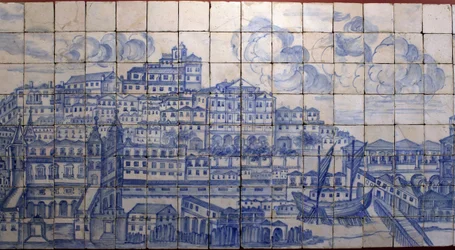 Panoramavy över Lissabon före jordbävningen 1755 - Azulejos från början av 1700-talet, panel som hänvisar till grevarna av Tentúgals tidigare palats, Lissabon, stort panorama över Lissabon före jordbävningen 1755, fajans från början av 1700-talet
