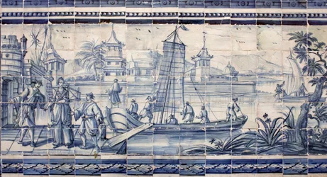 Scen på stranden av en flod i Asien - Azulejos, målad fajans