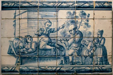 Läkaren ger en patient ett lavemang - Satirisk panel från Lissabon, första hälften av 1700-talet (Läkare - Satirisk panel, första hälften av 1700-talet) - Nationella azulejo-museet, Lissabon (Portugal)