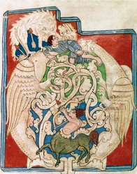Omslag O med representation av en jaktkentaur. Miniatyr hämtad från "" Det gamla testamentet"" (Testamentum vetus) Från Sancta Cruz de Coimbra. 1100-talet. Porto, kommunala biblioteket