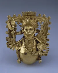 Klockhänge, i form av en örnkrigare av förcolumbiansk konst, sent 1400-tal. - Guld, H 9 - State Hermitage, St Petersburg